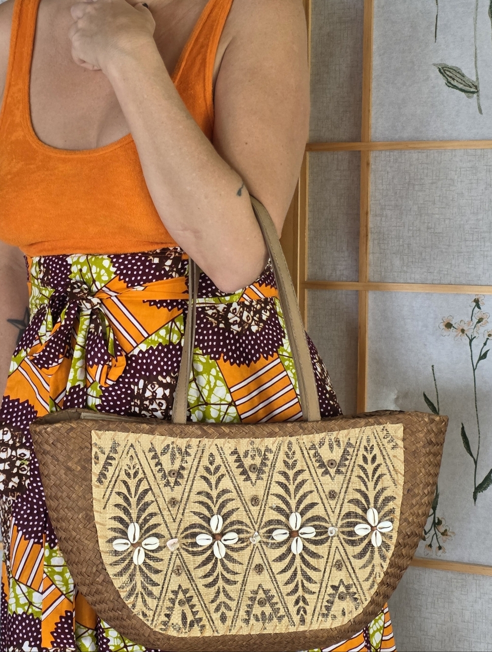 VTG XL Cappelli Tapa & Cowrie Shell Bag  Zip Top Large Shoulder Bag